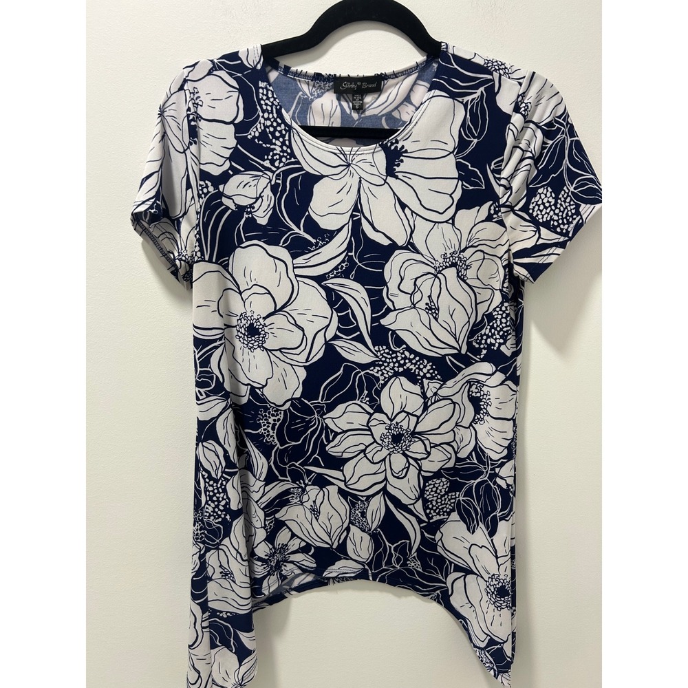 Slinky Brand Navy White Floral Sharkbite Hem Top Lightweight 15352-M19 Small